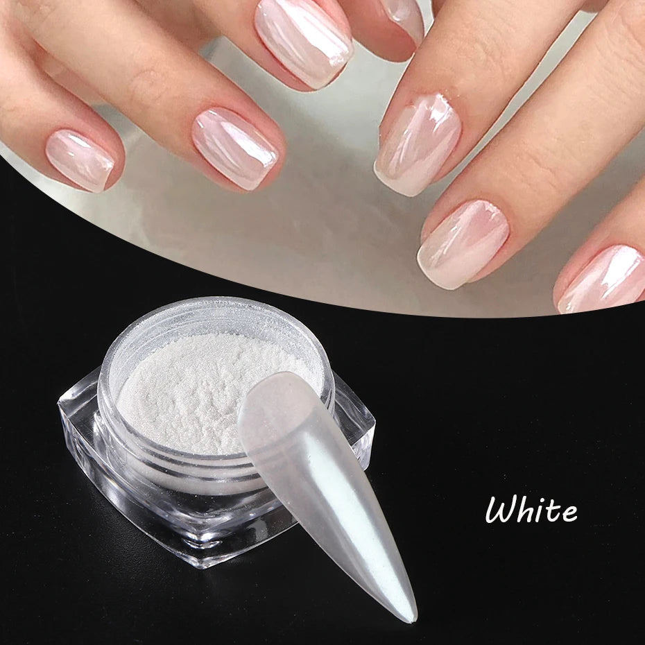 Moonlight Pearl White Nails Glitter Dust Chrome Aurora White Rubbing on Powder Shell Mirror Pigment Nail Art Supplies Decoration