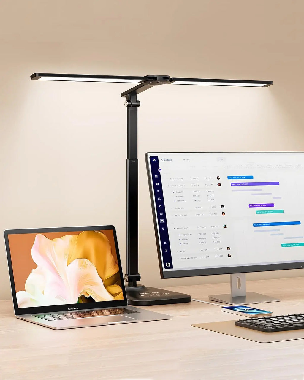 Adjustable LED Desk Lamp with USB Charging, Stepless Dimming for Office Home Reading Study
