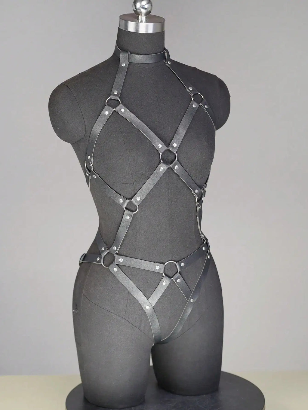 Black Faux Leather Full Body Harness Bodysuit with Ring Details