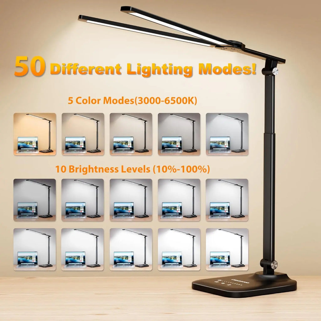 Adjustable LED Desk Lamp with USB Charging, Stepless Dimming for Office Home Reading Study