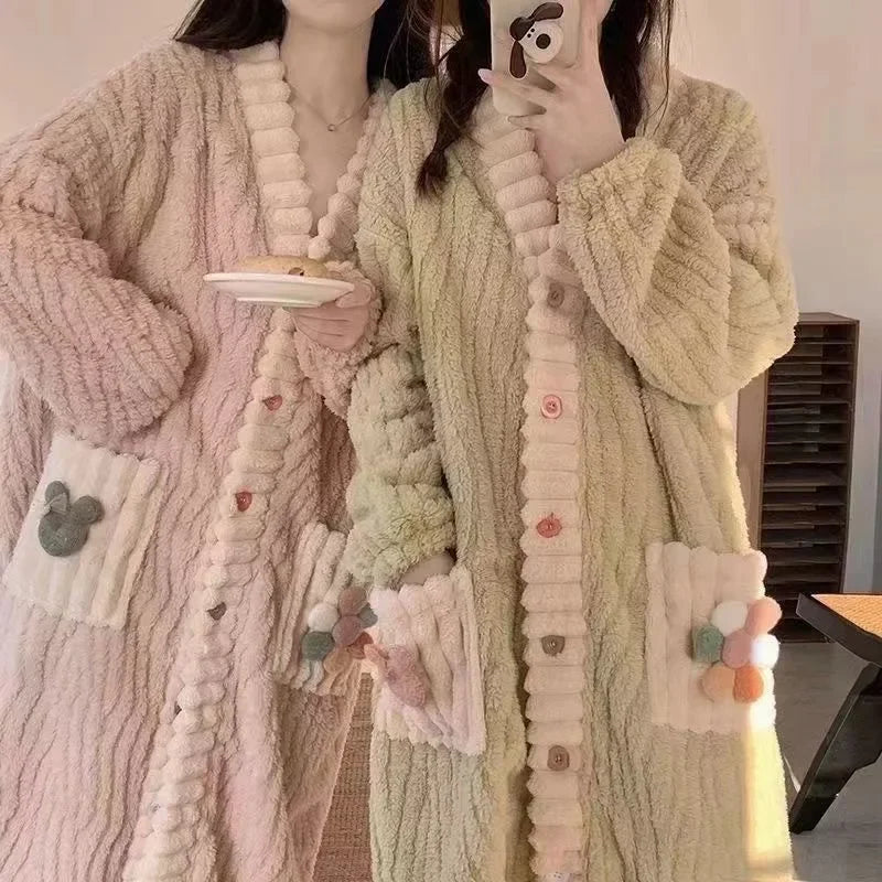 Women's Padded Thickened Warm Robe Winter Long-Sleeved Nightgown Flannel One Piece Pajamas Ladies Large Size Floral Bathrobe