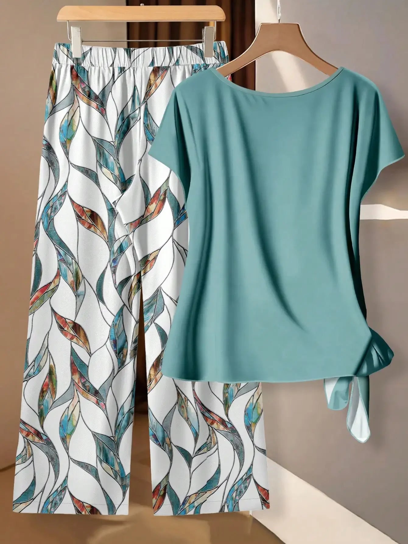 Window Geometric Print Pants Matched With Loose Tie Bow Blue Shirt, 2 Pieces Set Suitable For Spring/Summer VacationEV