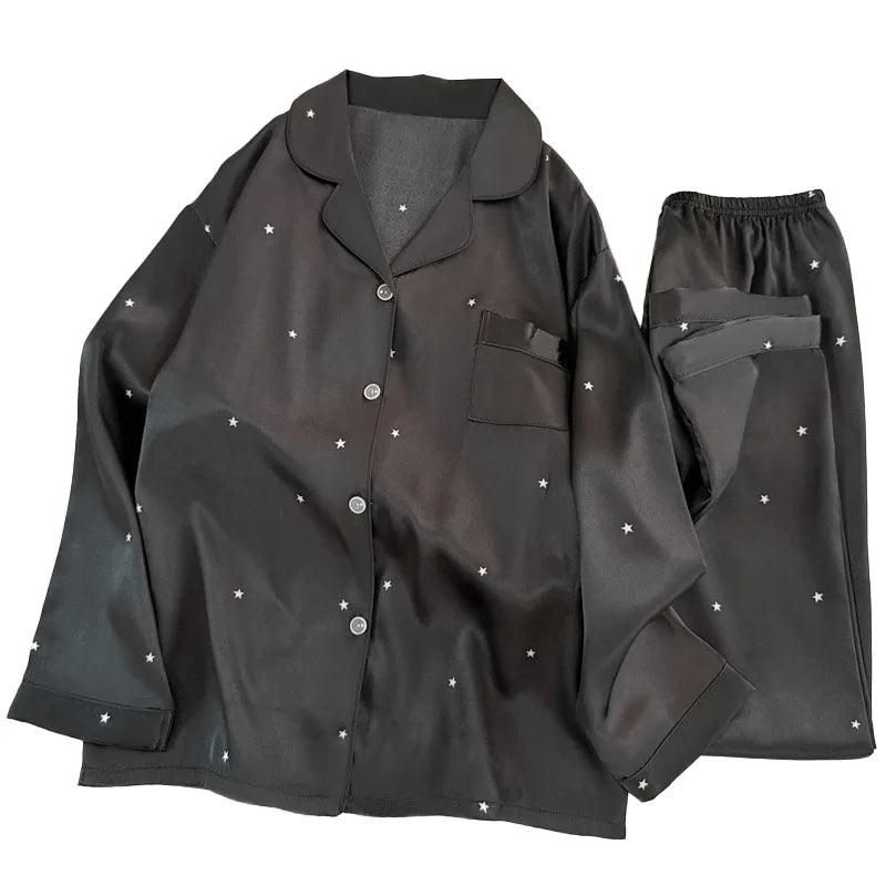 Fashionable Simple Star Black Ice Silk Pajamas for Women Spring and Autumn Long Sleeved Loose and High-End Sleepwea Homewear