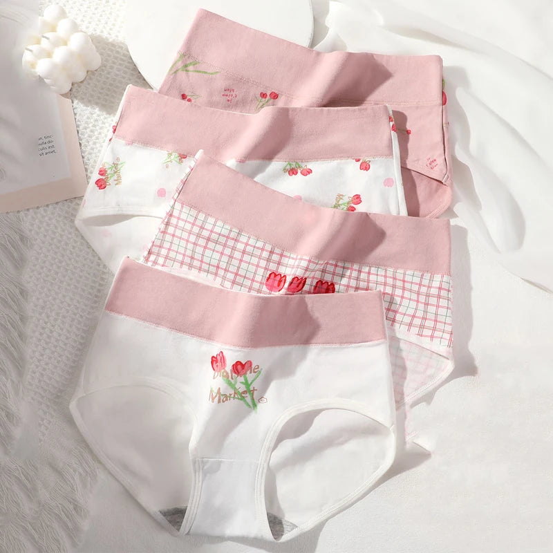 4Pcs/Set High Waist Women Panties Cotton Underwear Fashion Print Ladies Briefs Slim Underpants Breathable Sexy Ladies Lingerie
