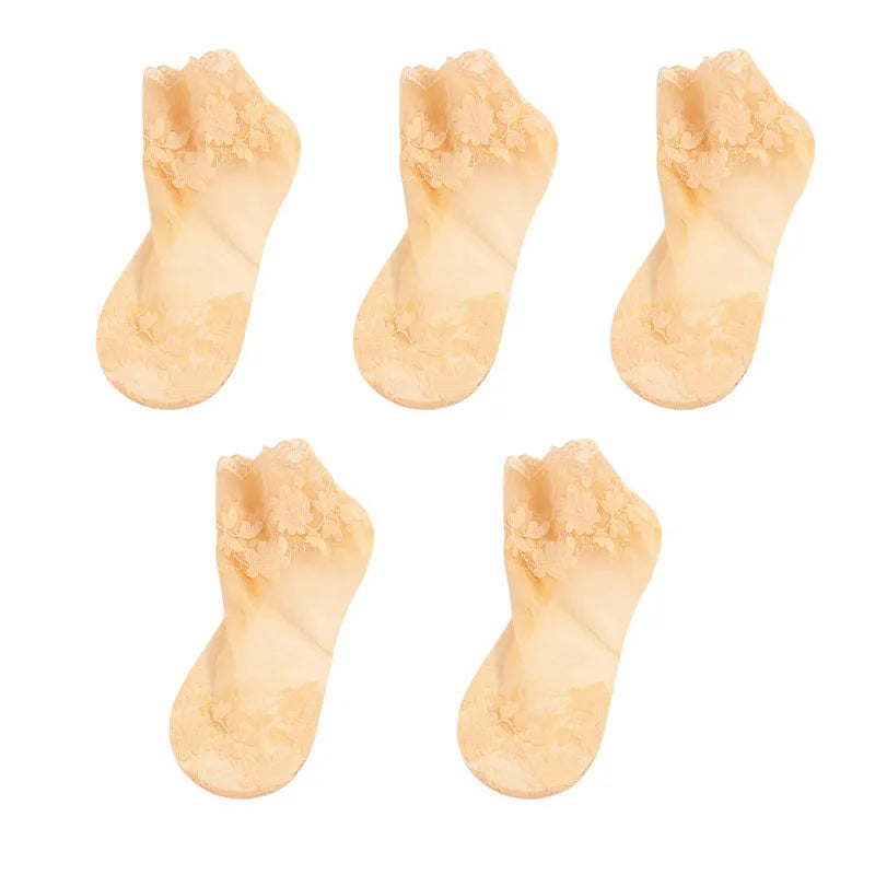 5Pairs Women's Floral Lace Socks Transparent Lolita Invisible Summer Breathable Invisible Crew Sock Summer Lolita Thin Ankle Sox