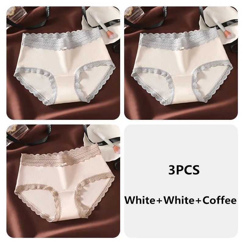3PCS Women's Panties French Lace Mid-rise Panties Sexy Breathable Pure Cotton Underwear Soft Comfortable Briefs Intimates