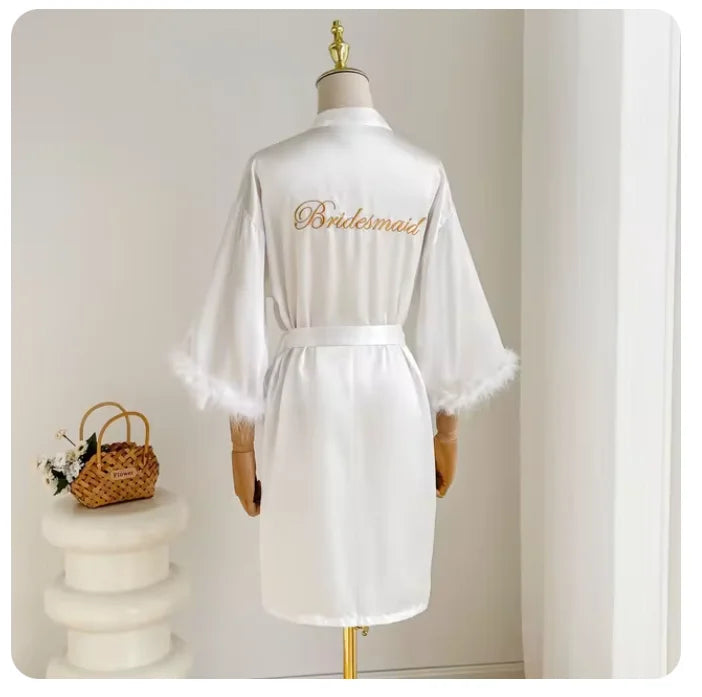Wedding Bride Bridesmaid Robe Satin Kimono Intimate Lingerie Lady Sexy Feather Sleeve Bathrobe Nightgown Short Sleepwear Onesize