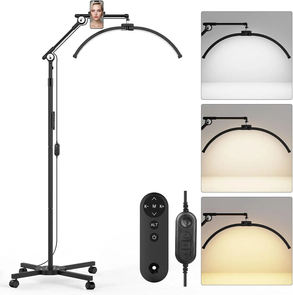 Adjustable Half Moon Lash Lamp with Phone Holder, 57"-80" Height, 360° Rotating for Eyelash Tech & Tattoo