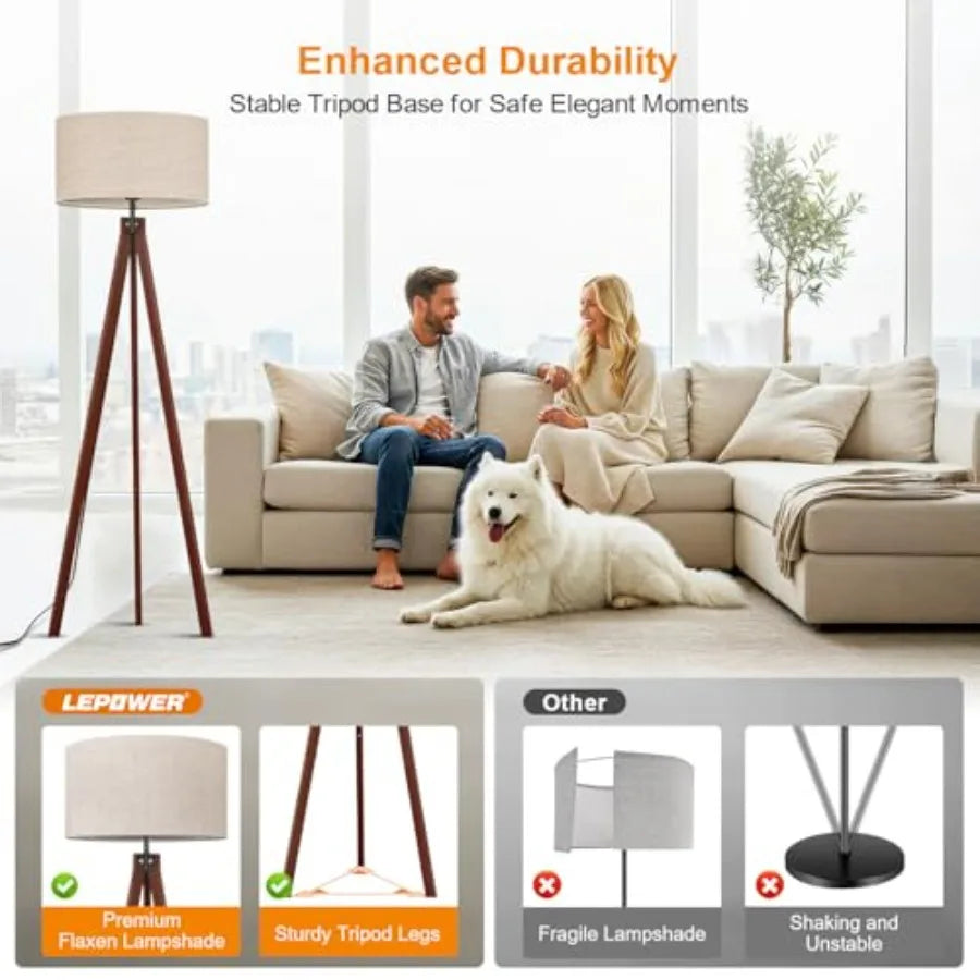 Wood Tripod Floor Lamp, Mid Century Standing Lamp, Modern Design Studying Light for Living Room, Bedroom, Study Room and Office
