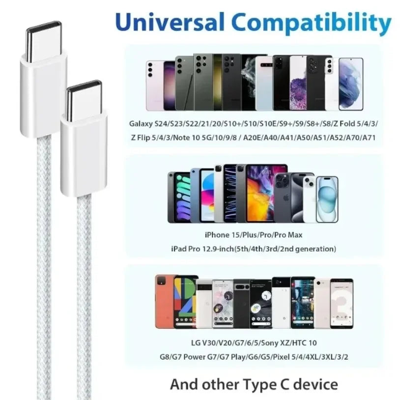 USB C Cable to USB C Fabric 60W PD Fast Charging Charger Cable Supports for iPhone 16 15 Samsung Xiaomi Huawei Fast Charging