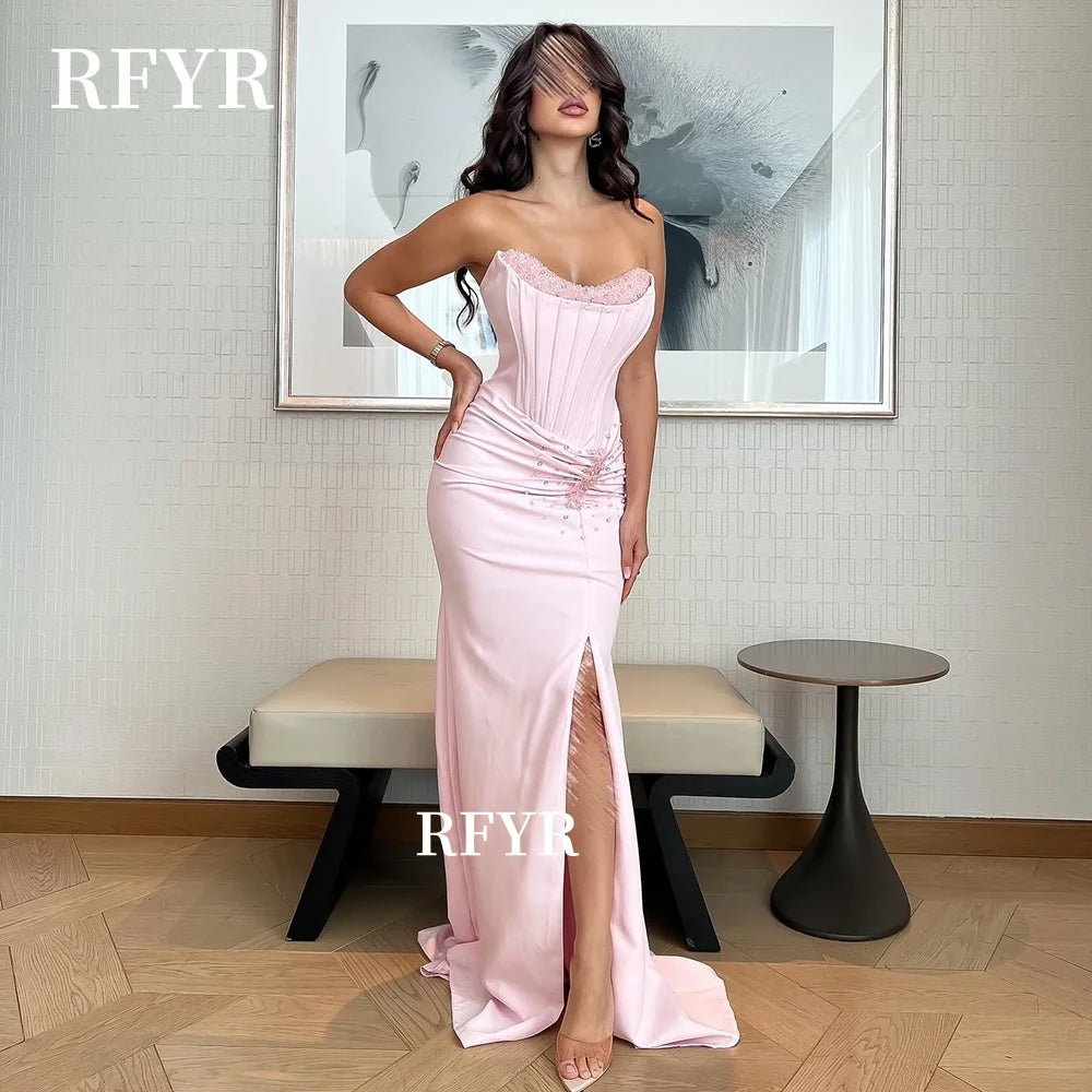 RFYR Mermaid Prom Dress Satin Evening Dress with Pearls Fish Boned Party Dress Sweetheart robes de soirée Customized