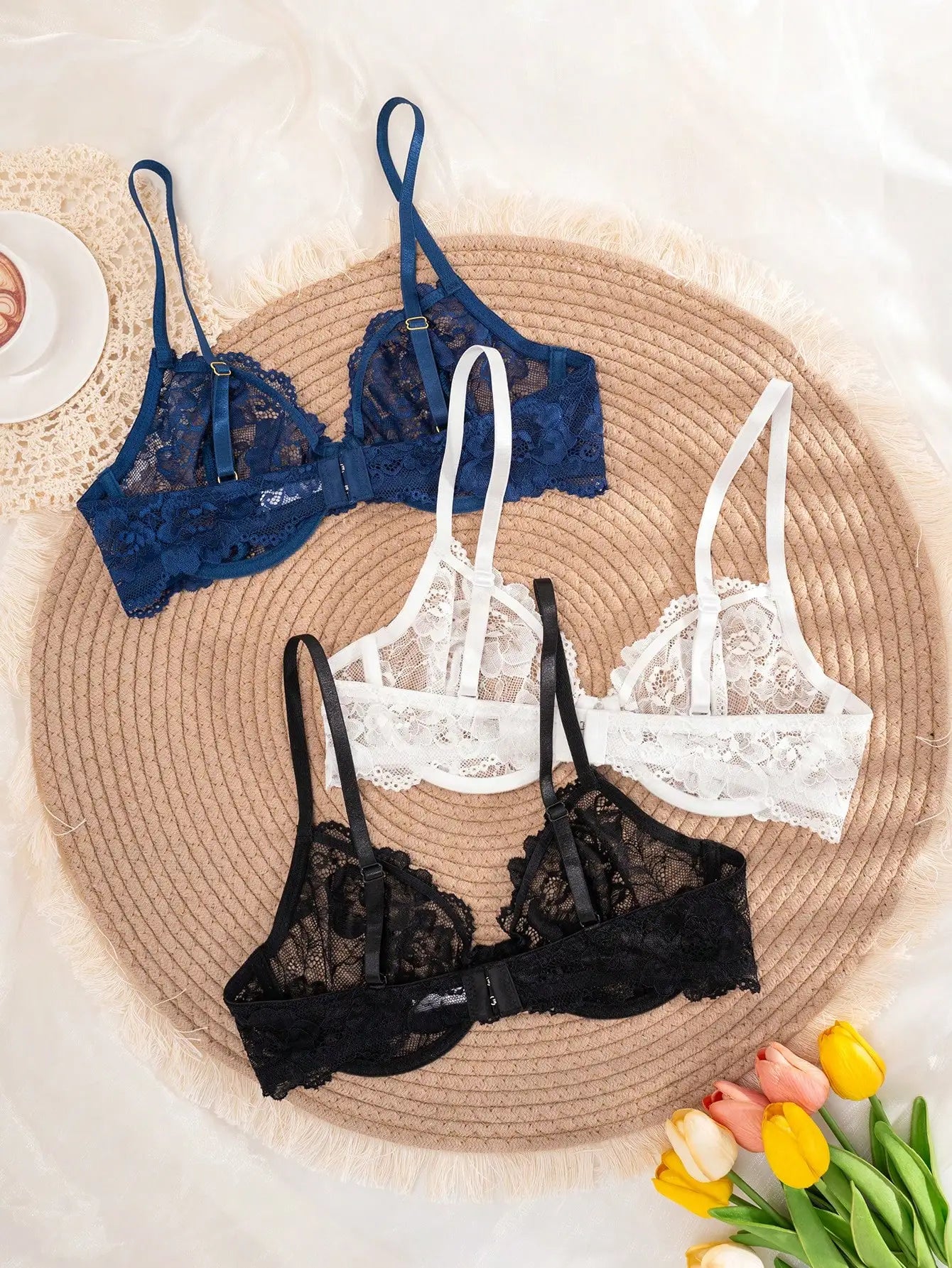 3-Pack Women's Lace Underwire Bras in White, Navy, Black - Thin Cup, Adjustable Straps