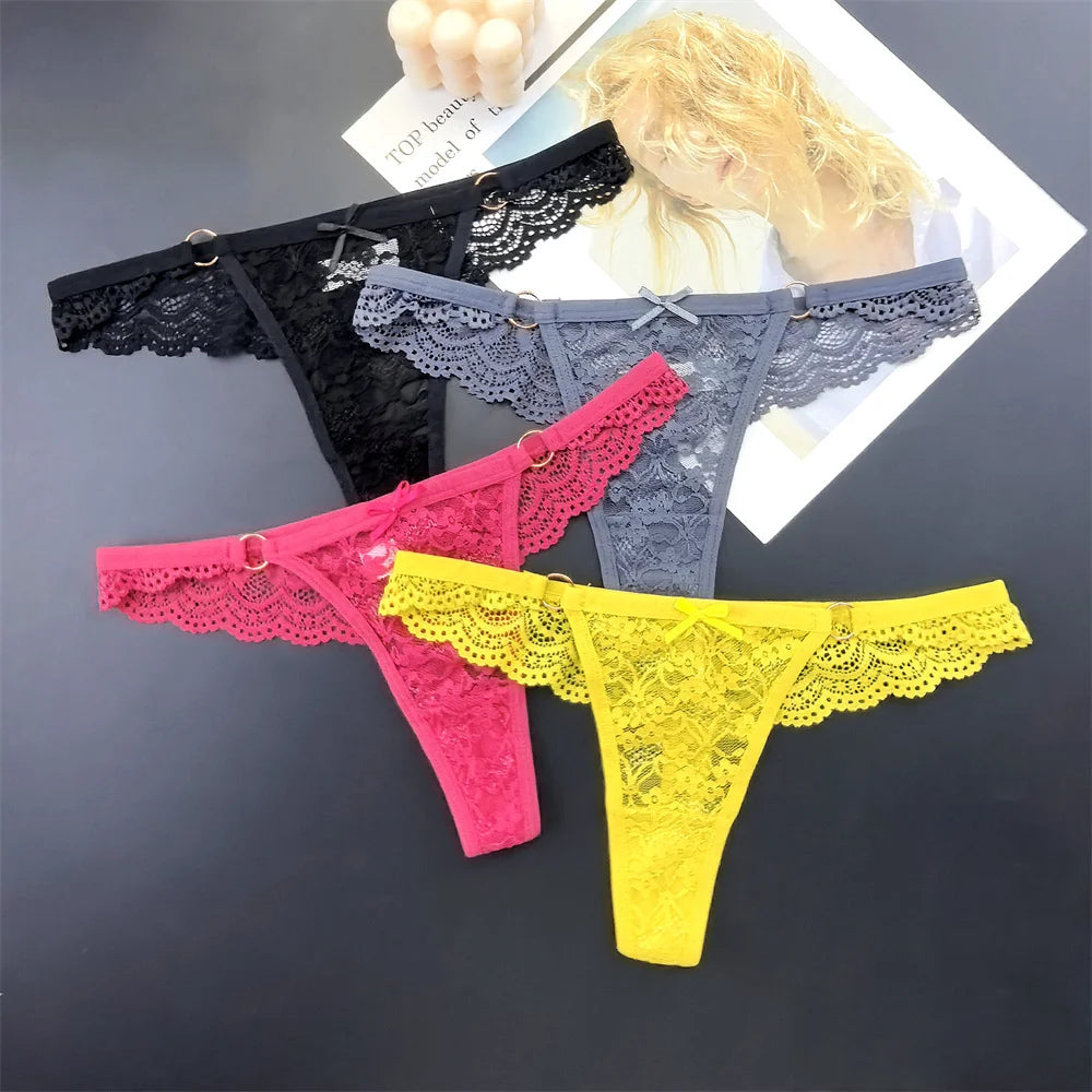4Pcs Sexy Lace Thong Panties Women Low Rise Transparent Lingerie Set Plus Size