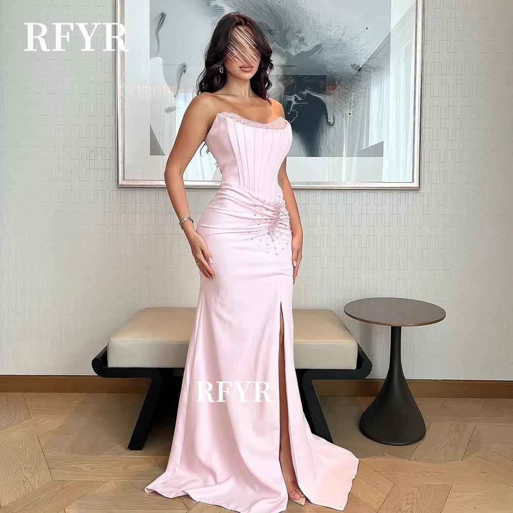 RFYR Mermaid Prom Dress Satin Evening Dress with Pearls Fish Boned Party Dress Sweetheart robes de soirée Customized