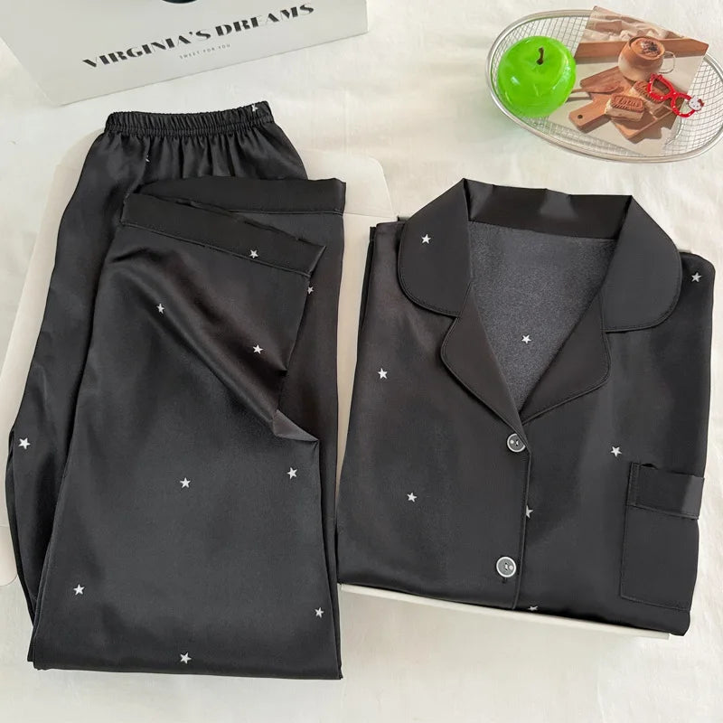 Fashionable Simple Star Black Ice Silk Pajamas for Women Spring and Autumn Long Sleeved Loose and High-End Sleepwea Homewear