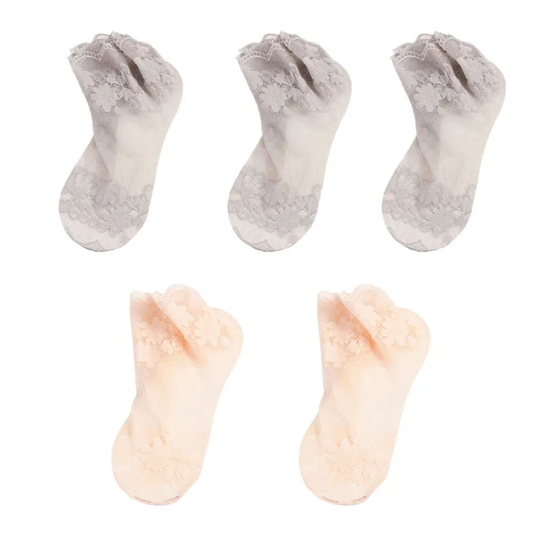 5Pairs Women's Floral Lace Socks Transparent Lolita Invisible Summer Breathable Invisible Crew Sock Summer Lolita Thin Ankle Sox