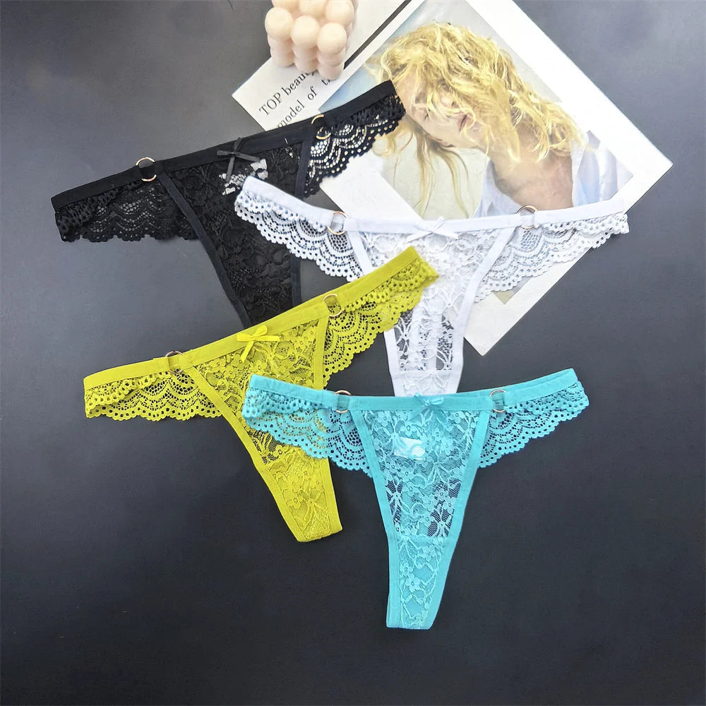 4Pcs Sexy Lace Thong Panties Women Low Rise Transparent Lingerie Set Plus Size