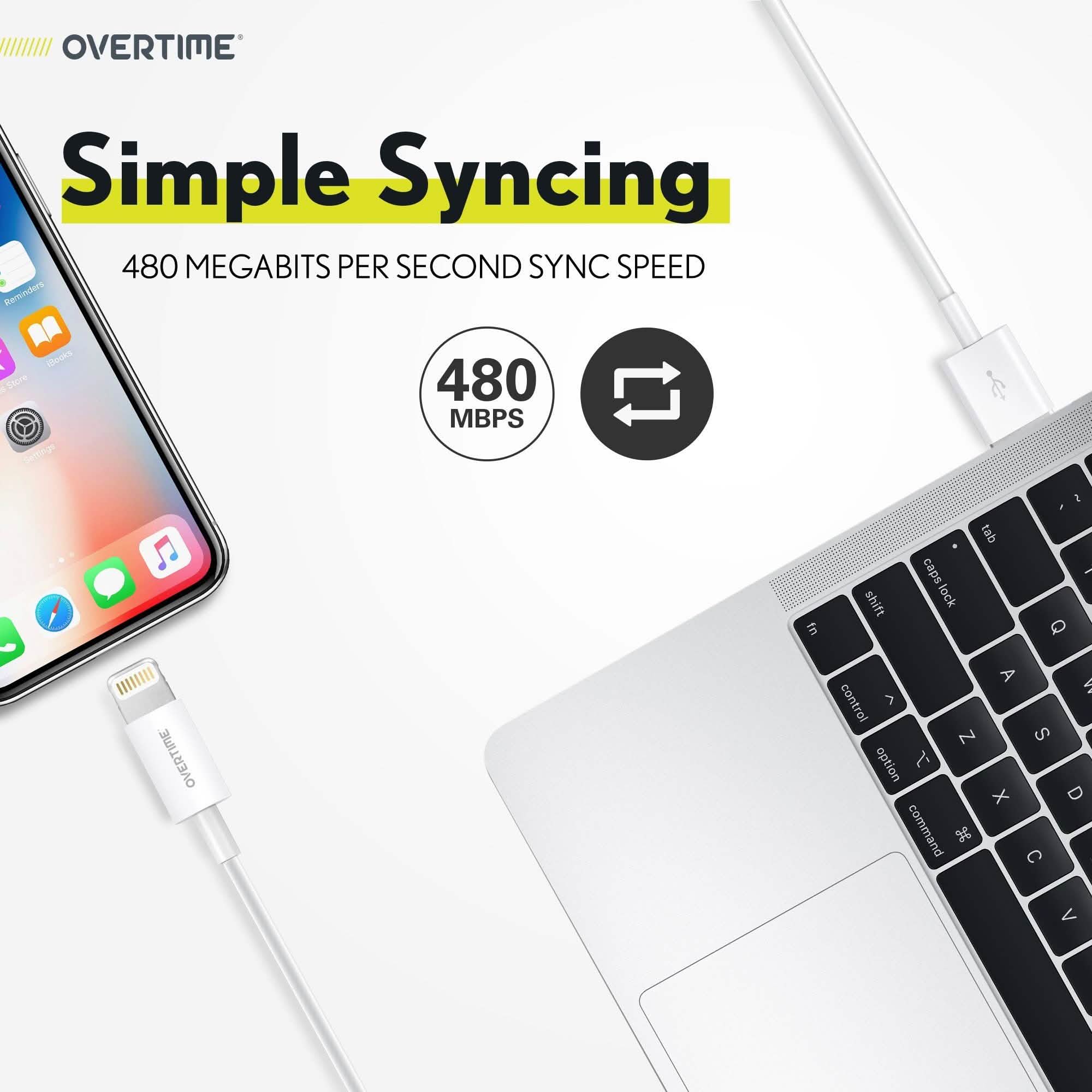 2-Pack: 4 Ft. White Overtime Apple MFi Certified Lightning USB Cable
