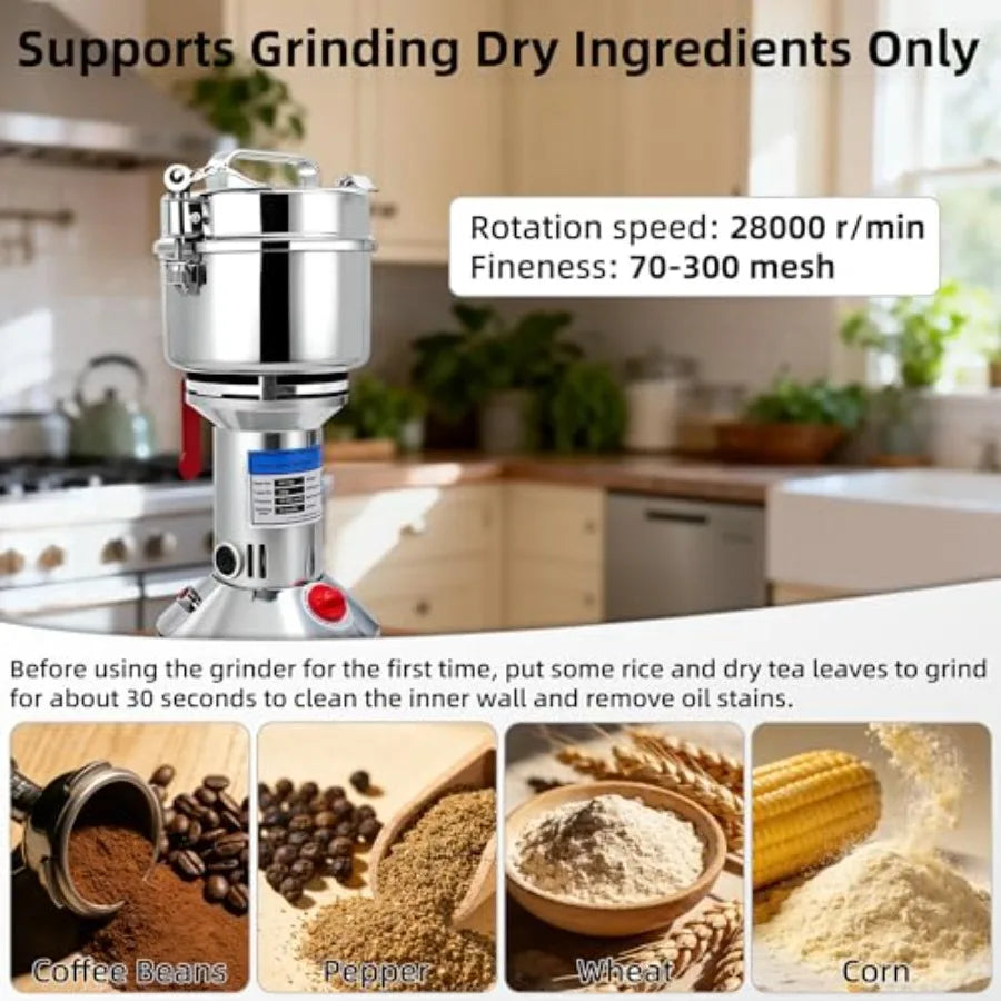 750g Grain Mill Grinder, 2000W High Speed Wheat Grinder for Making Flour, Stainless Steel Countertop Grain Mill Flour Suitable