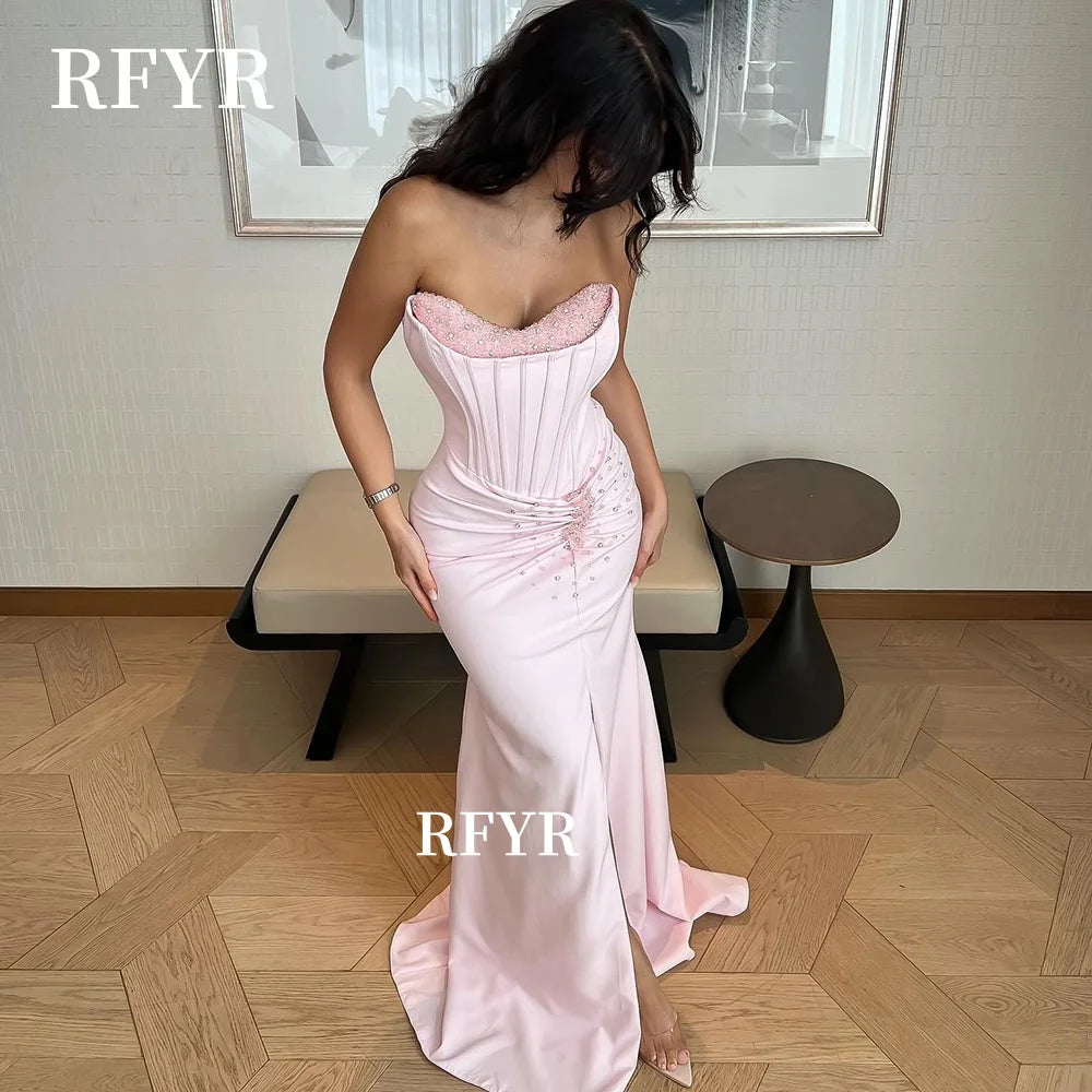 RFYR Mermaid Prom Dress Satin Evening Dress with Pearls Fish Boned Party Dress Sweetheart robes de soirée Customized