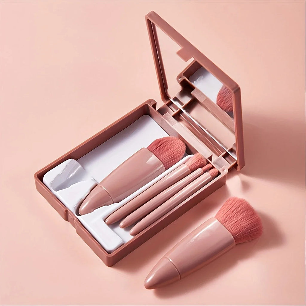 5 PCs Cosmetic Brush Portable Makeup Brush Travel With Mirror Box Makeup Set Brush Loose Brush Blush Brush Eyeshadow Brush