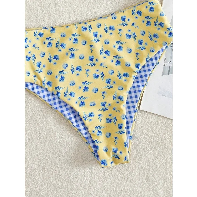 Summer double-sided printed floral asymmetrical strap swimsuit set for summer holiday beach getawaysdv