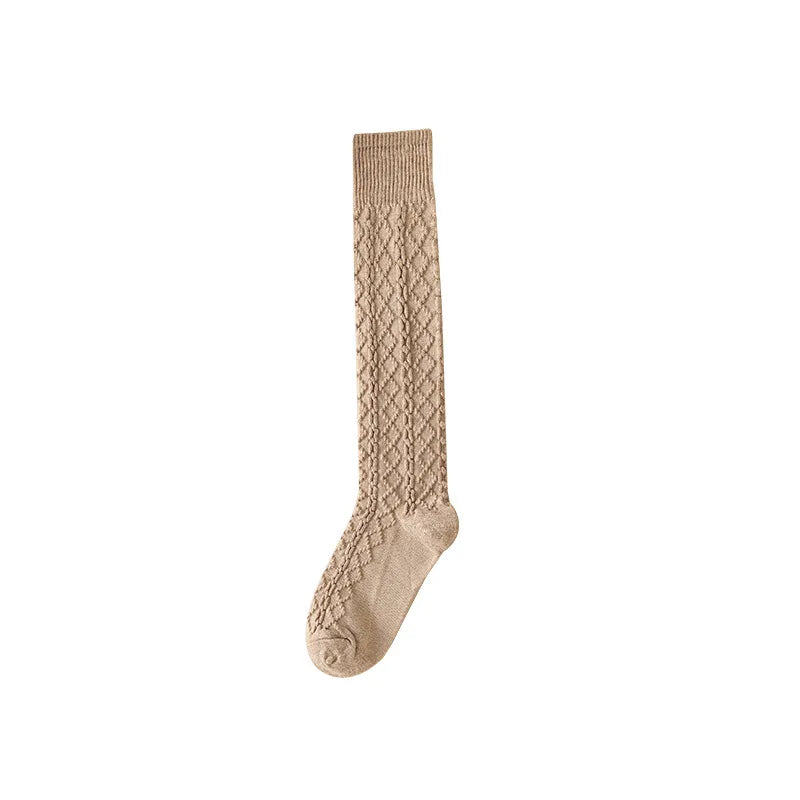 Autumn Winter Japanese Retro Cream White Wool Twisted Anti-Slip Calf Socks Beige Slimming Versatile Mid-Calf Socks