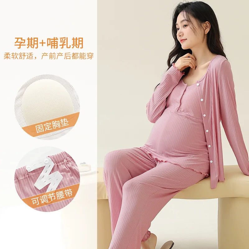 Modal Maternity Nursing Robe Set 3 Piece Postpartum Breastfeeding Pajamas with Chest Pads Hospital Labor Delivery Pregnancy Pjs