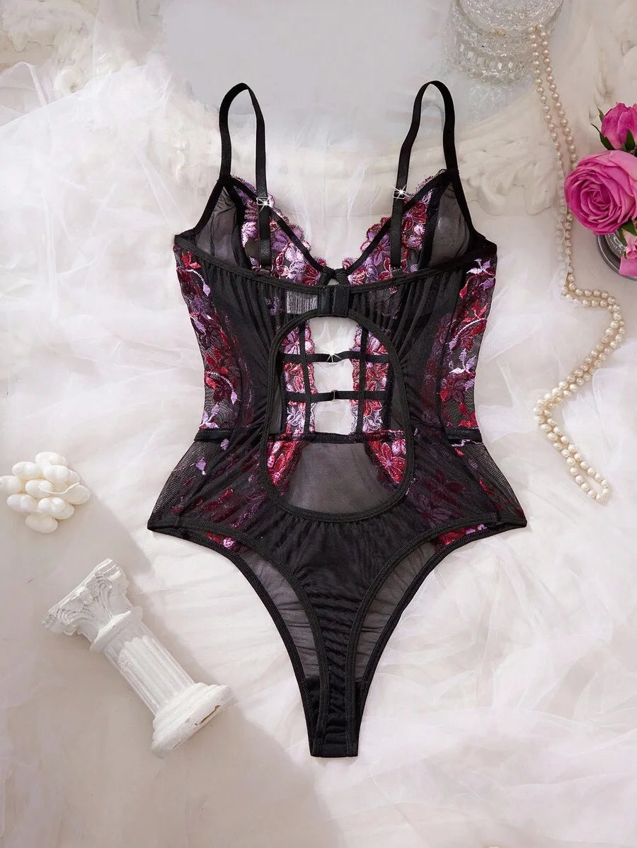 Floral Embroidered Mesh Bodysuit with Sheer Panels and Adjustable Straps