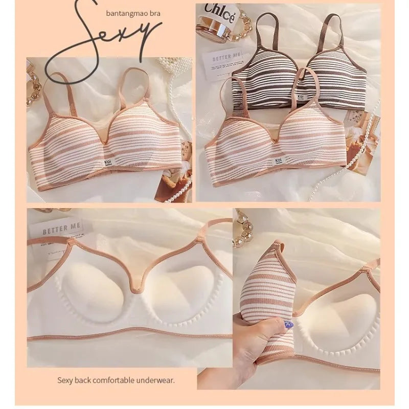 Modest Full Coverage Striped Push Up Bra for Women Small Chest Thick Padding Mastectomy Cup Anti Sagging Seamless Luxury Bra sAB