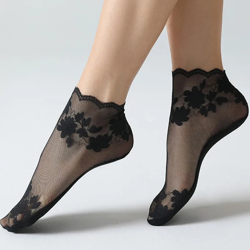 5Pairs Women's Floral Lace Socks Transparent Lolita Invisible Summer Breathable Invisible Crew Sock Summer Lolita Thin Ankle Sox