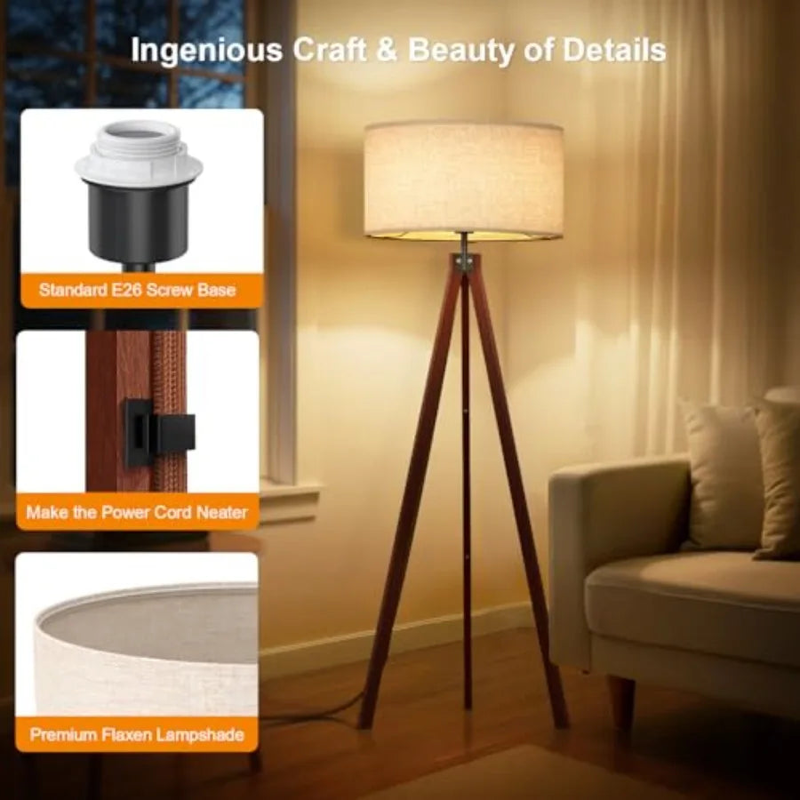 Wood Tripod Floor Lamp, Mid Century Standing Lamp, Modern Design Studying Light for Living Room, Bedroom, Study Room and Office