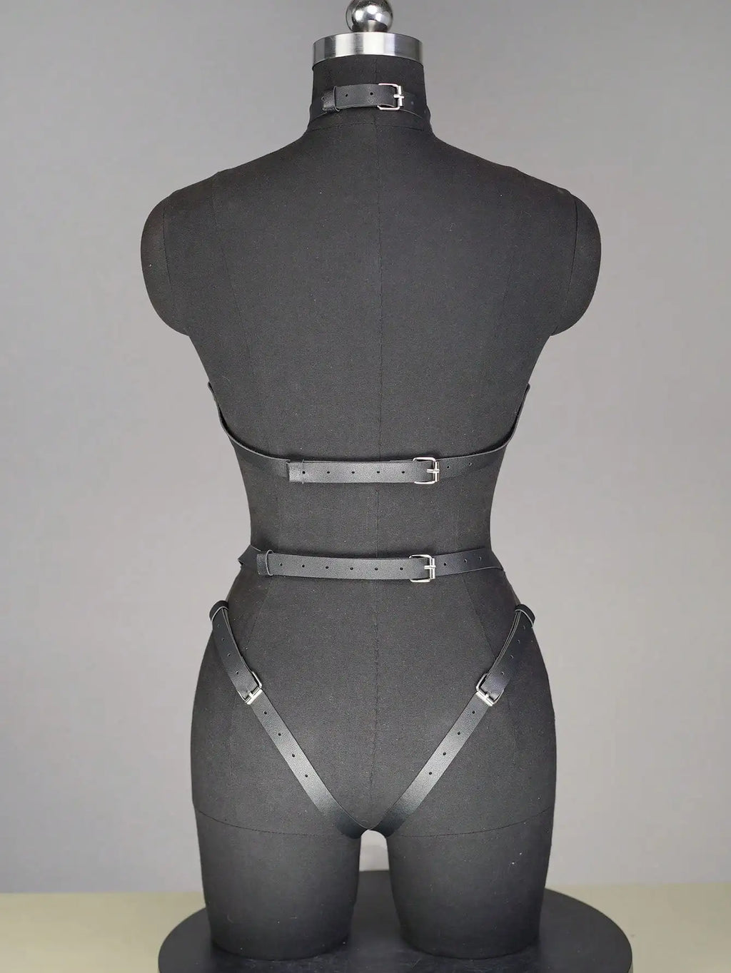 Black Faux Leather Full Body Harness Bodysuit with Ring Details