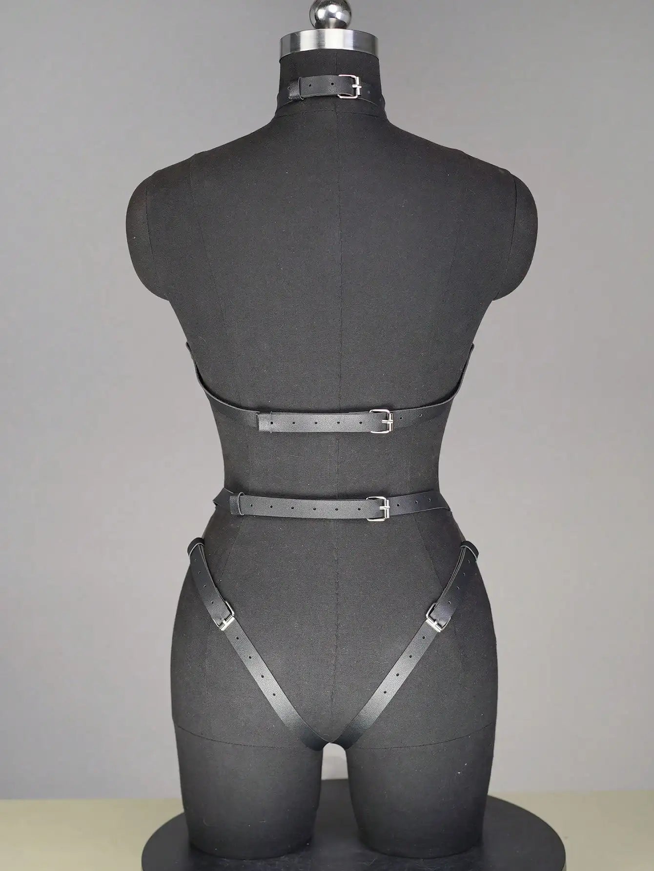 Black Faux Leather Full Body Harness Bodysuit with Ring Details