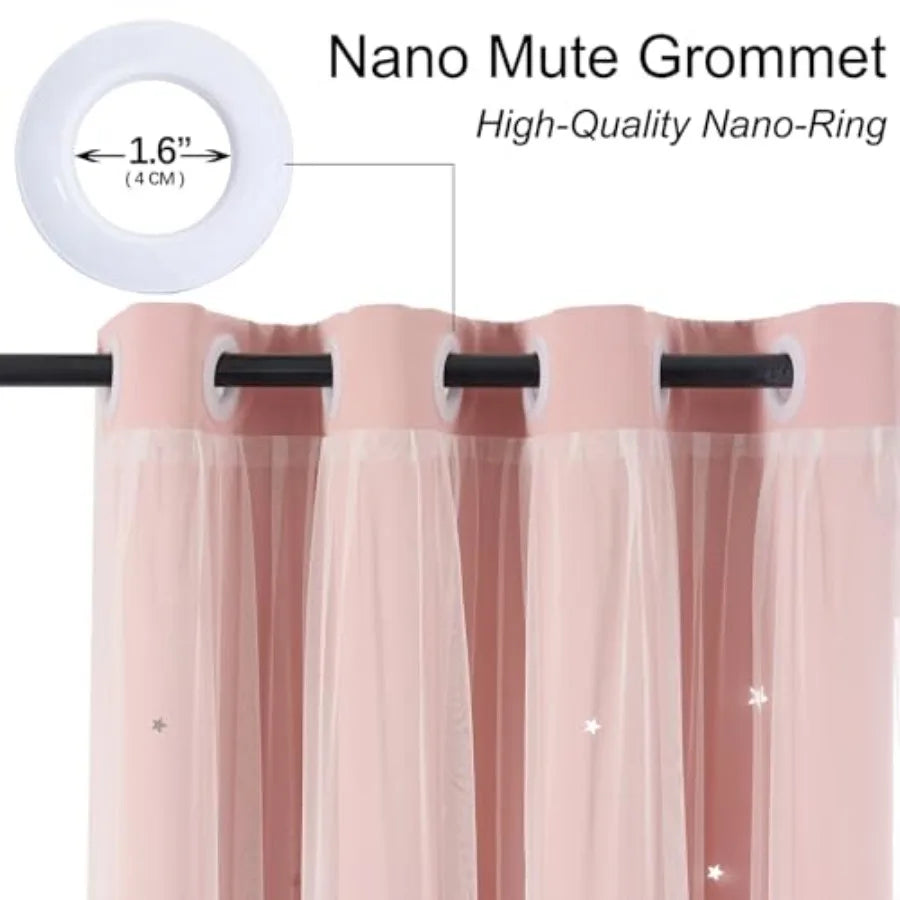 Curtains Blackout for Girls Room - Aesthetic Star Cutout Double Layer with White Sheer Overlay, 63 Inch Length 2 Panels Cute Cu