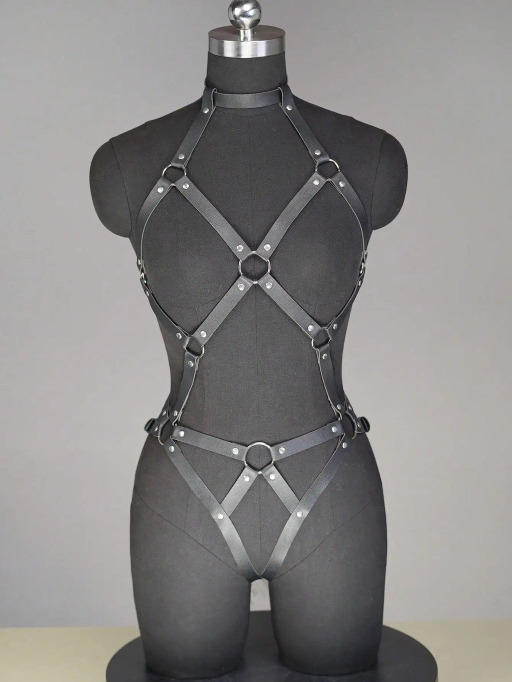 Black Faux Leather Full Body Harness Bodysuit with Ring Details