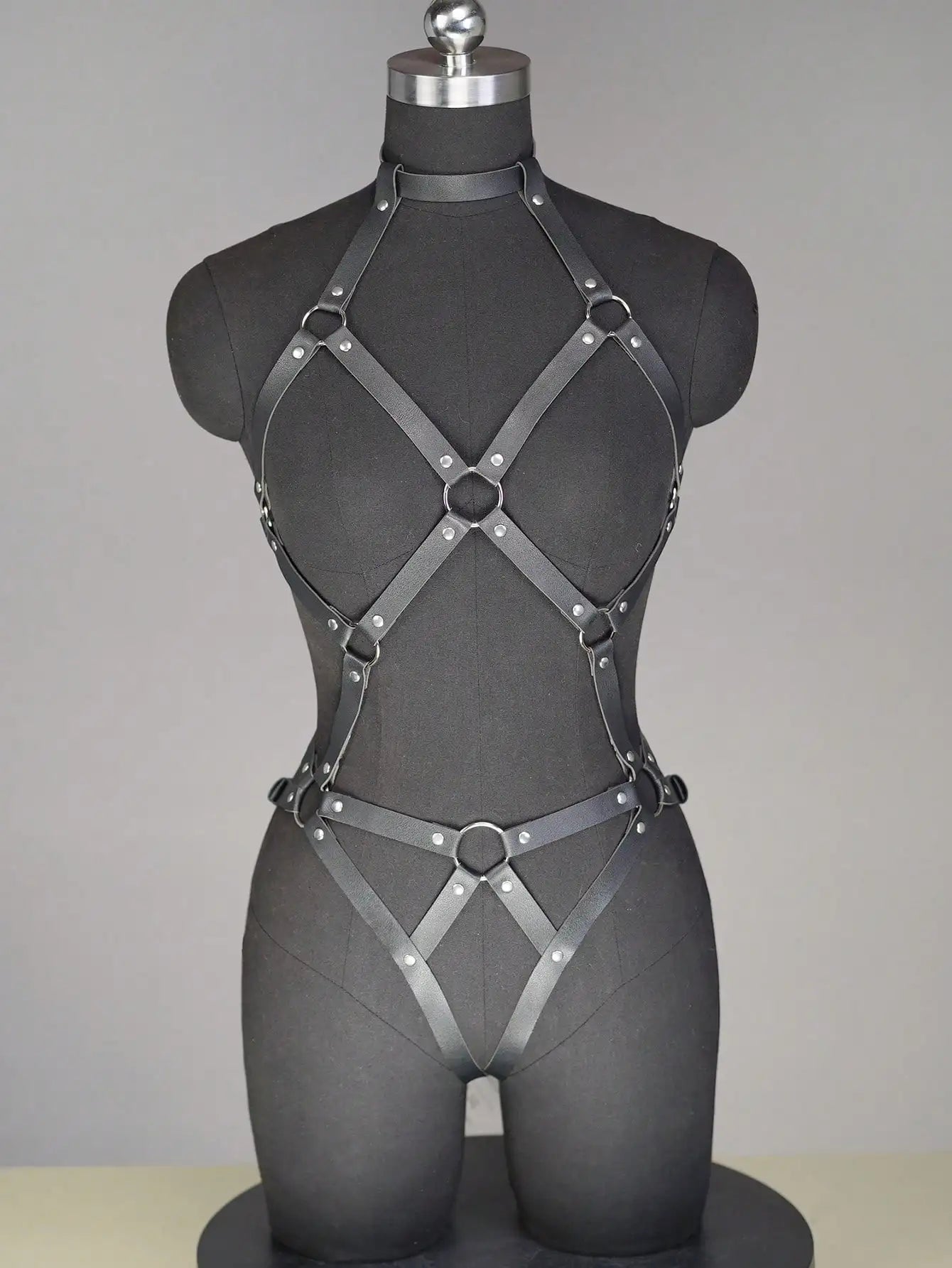 Black Faux Leather Full Body Harness Bodysuit with Ring Details