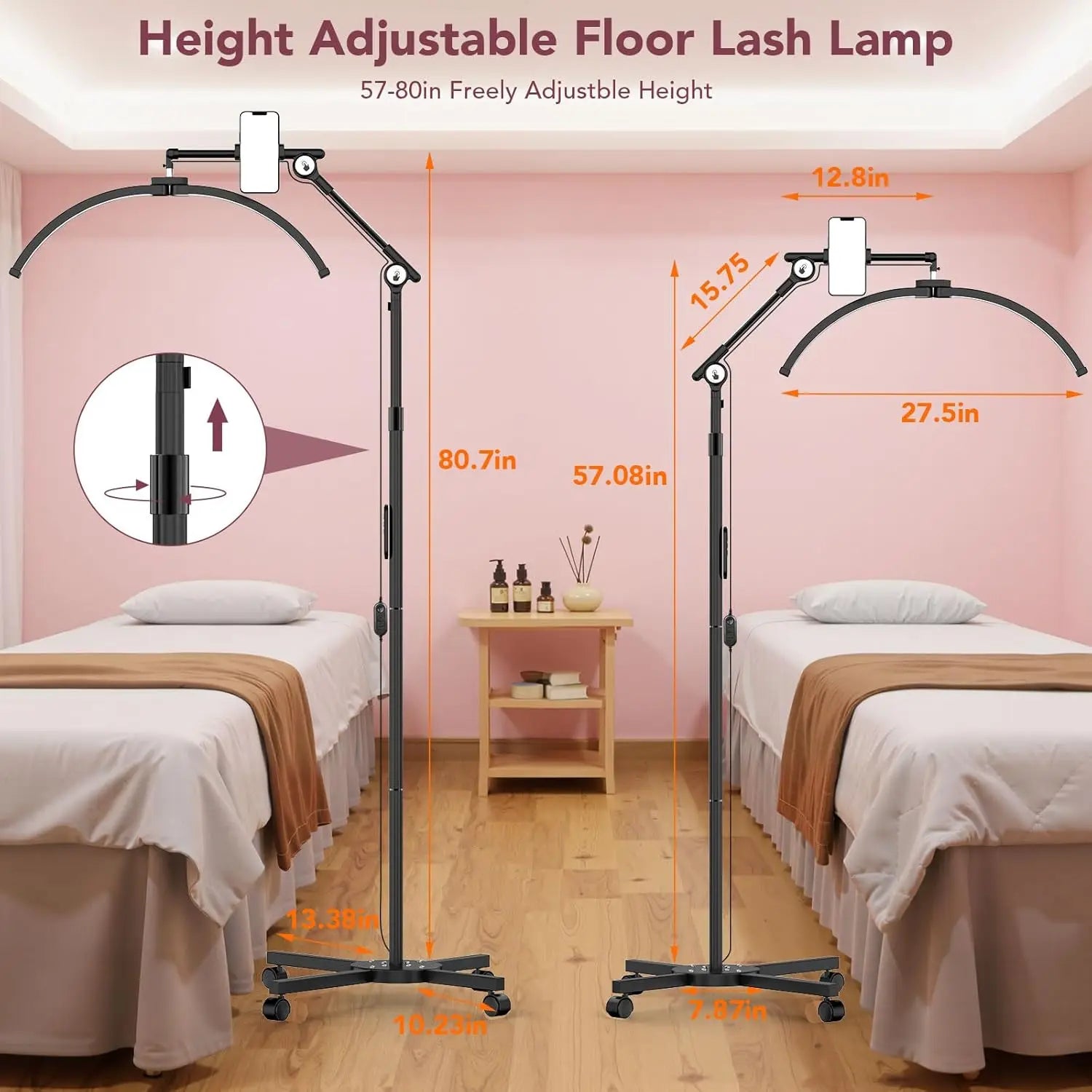 Adjustable Half Moon Lash Lamp with Phone Holder, 57"-80" Height, 360° Rotating for Eyelash Tech & Tattoo