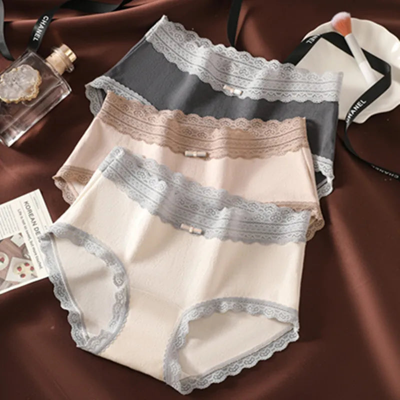 3PCS Women's Panties French Lace Mid-rise Panties Sexy Breathable Pure Cotton Underwear Soft Comfortable Briefs Intimates