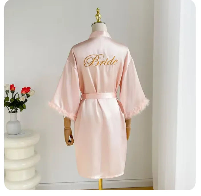 Wedding Bride Bridesmaid Robe Satin Kimono Intimate Lingerie Lady Sexy Feather Sleeve Bathrobe Nightgown Short Sleepwear Onesize