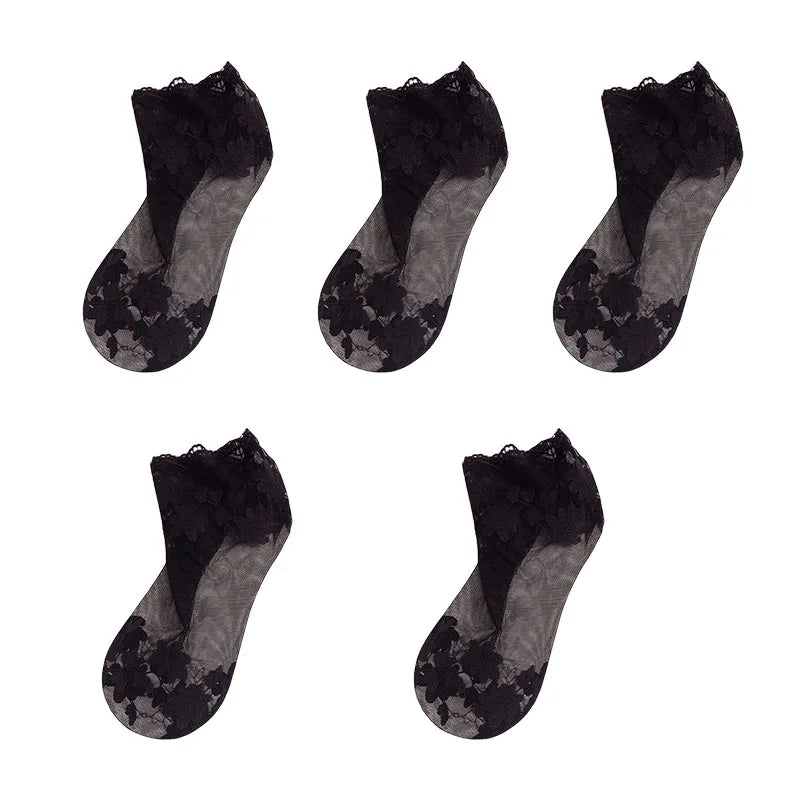 5Pairs Women's Floral Lace Socks Transparent Lolita Invisible Summer Breathable Invisible Crew Sock Summer Lolita Thin Ankle Sox