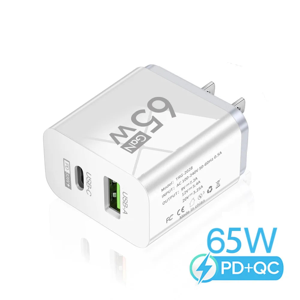 PD 65W GaN Type C USB Mobile Phone Charger Fast Charging Power Adapter For iPhone Samsung Hawei Xiaomi Quick Charge Wall Charger