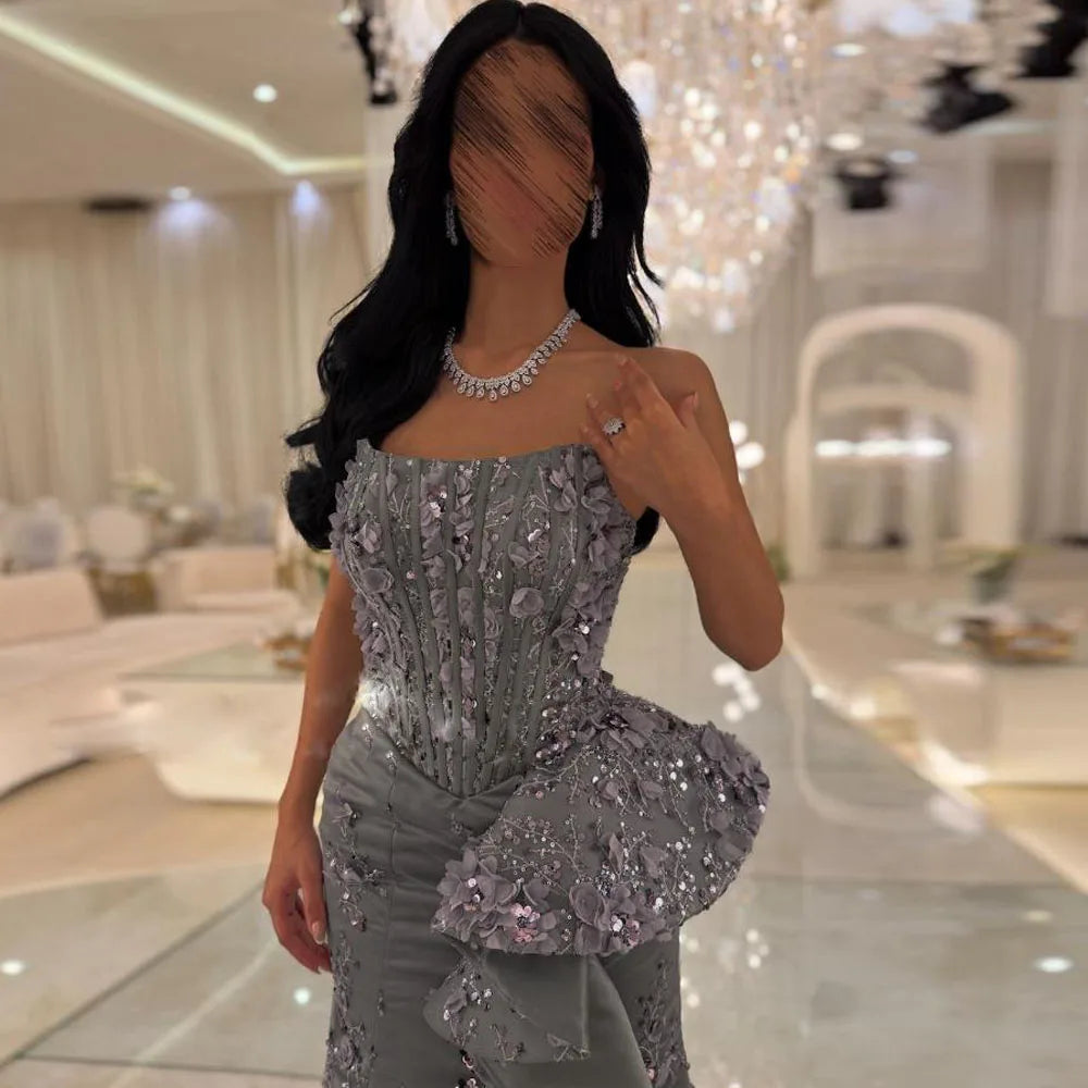 Customized Grey Mermaid Corset Dresses Strapless Floral Lace Formal Evening Gown Ruffles Sweep Train vestidos de piedra