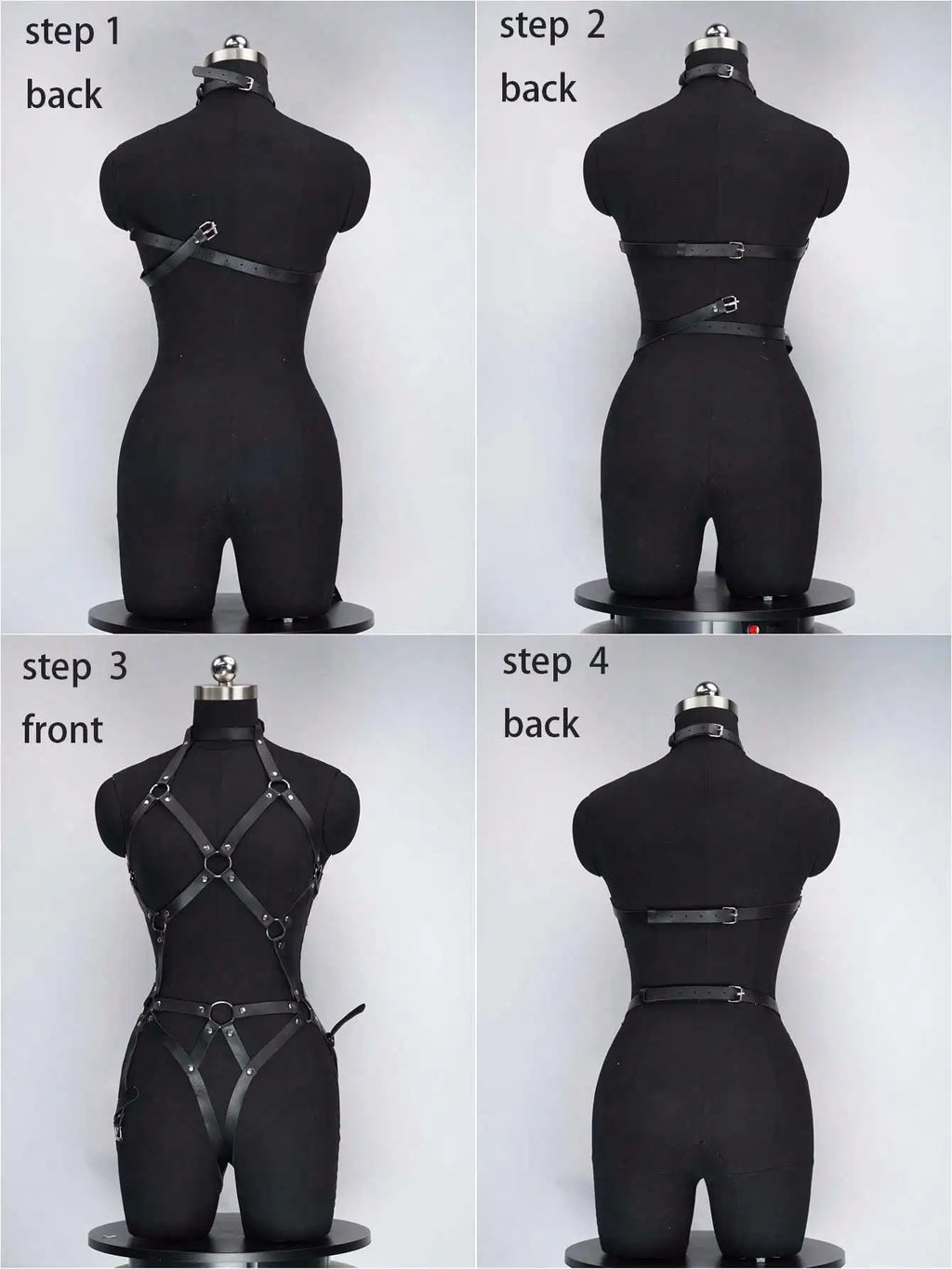 Black Faux Leather Full Body Harness Bodysuit with Ring Details