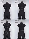 Black Faux Leather Full Body Harness Bodysuit with Ring Details