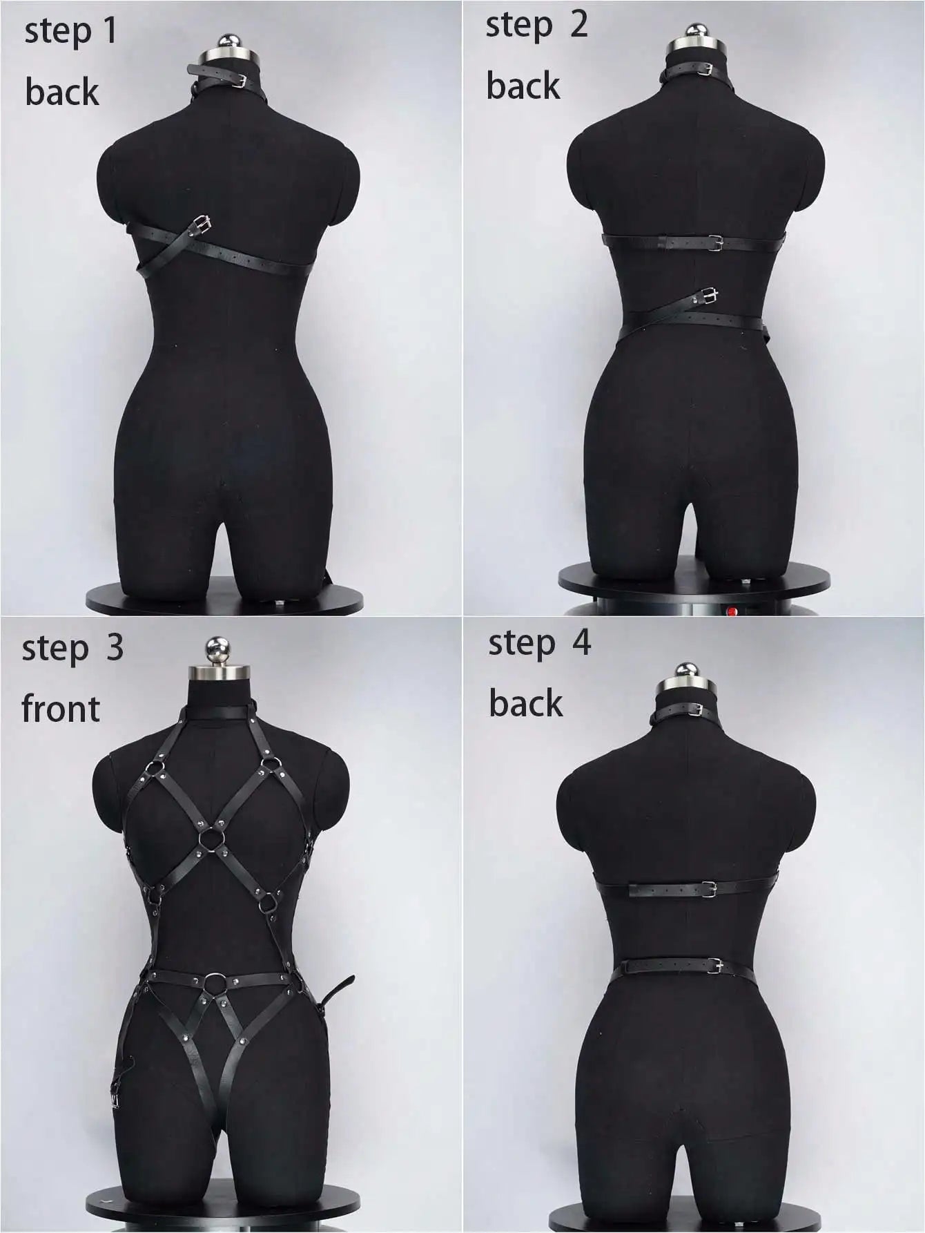 Black Faux Leather Full Body Harness Bodysuit with Ring Details