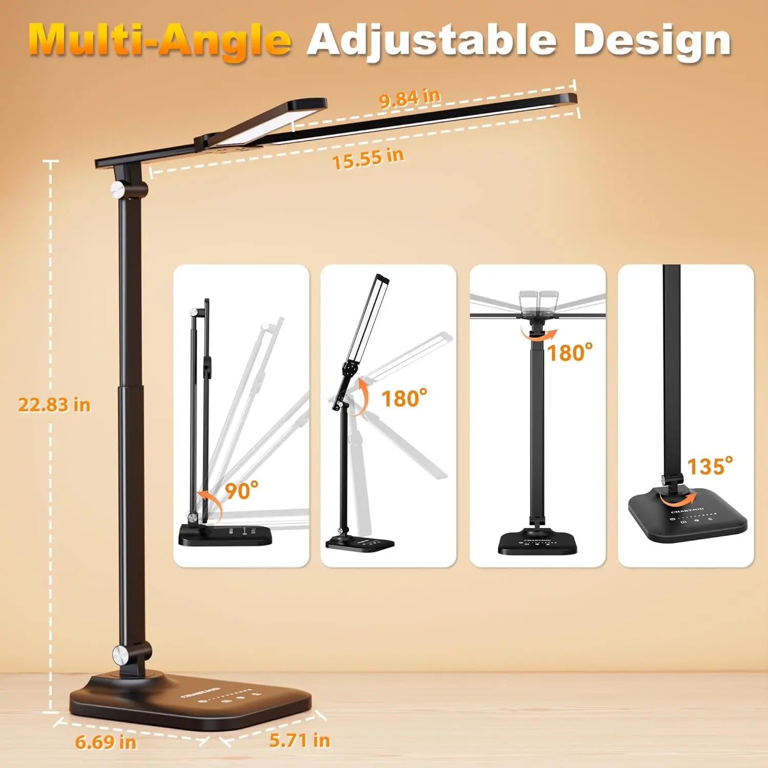 Adjustable LED Desk Lamp with USB Charging, Stepless Dimming for Office Home Reading Study