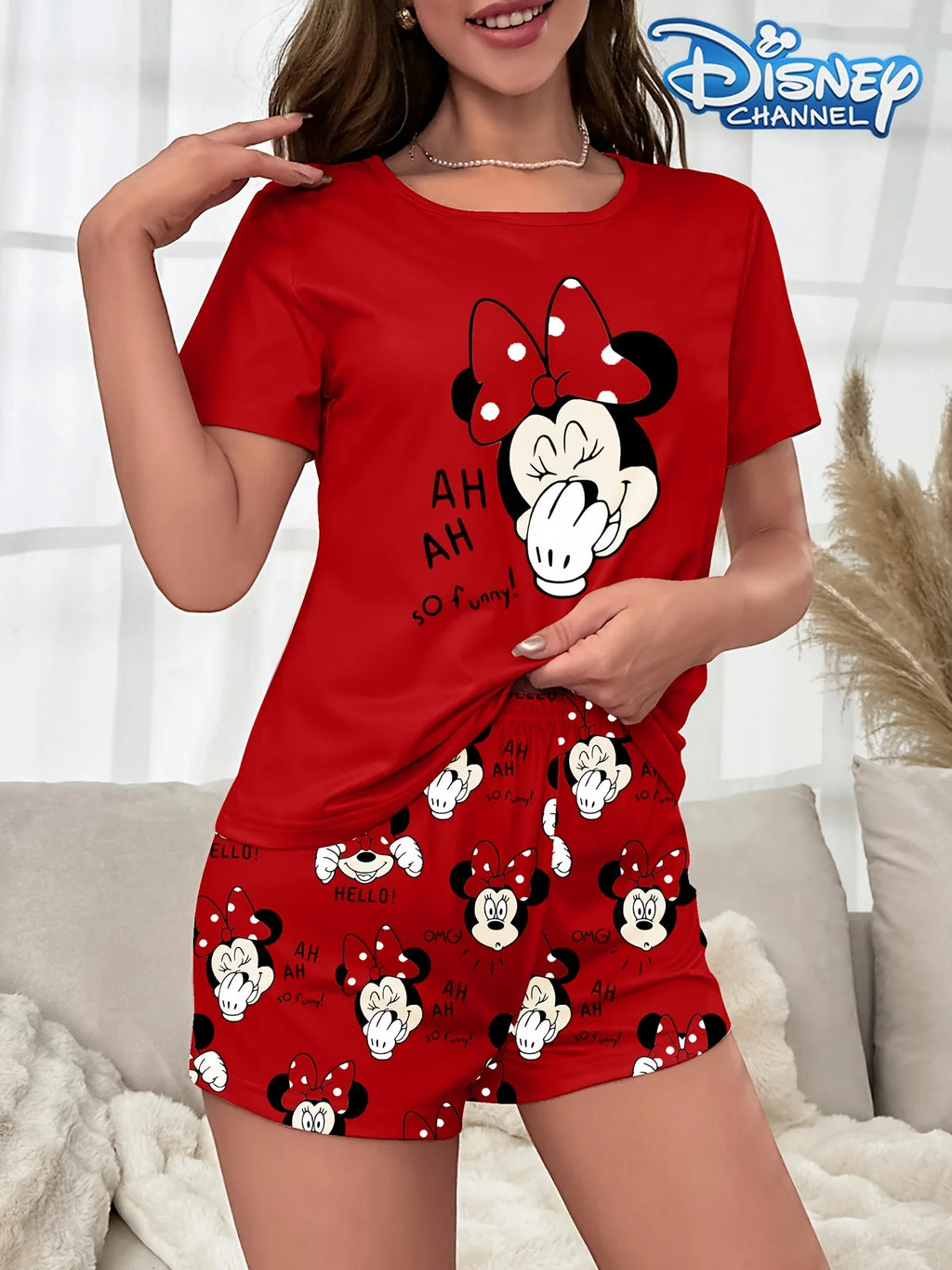 Women's pajama set with cute Disney Minnie prints, short-sleeved top and shorts, comfortable for home or outdoor wear