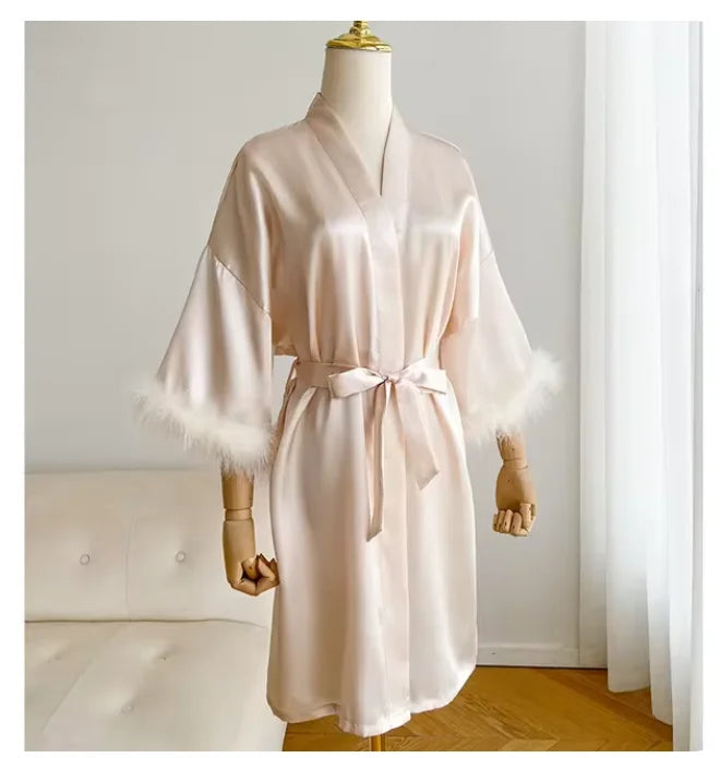 Wedding Bride Bridesmaid Robe Satin Kimono Intimate Lingerie Lady Sexy Feather Sleeve Bathrobe Nightgown Short Sleepwear Onesize
