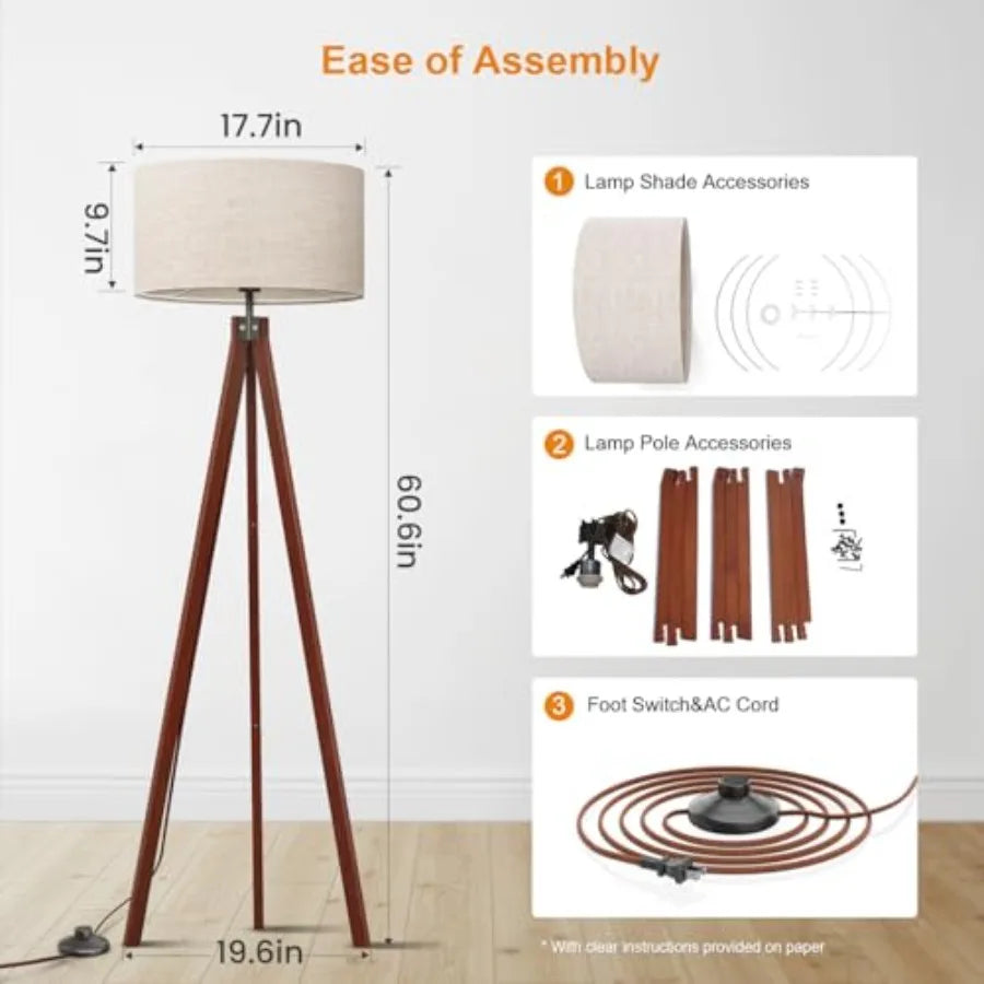 Wood Tripod Floor Lamp, Mid Century Standing Lamp, Modern Design Studying Light for Living Room, Bedroom, Study Room and Office
